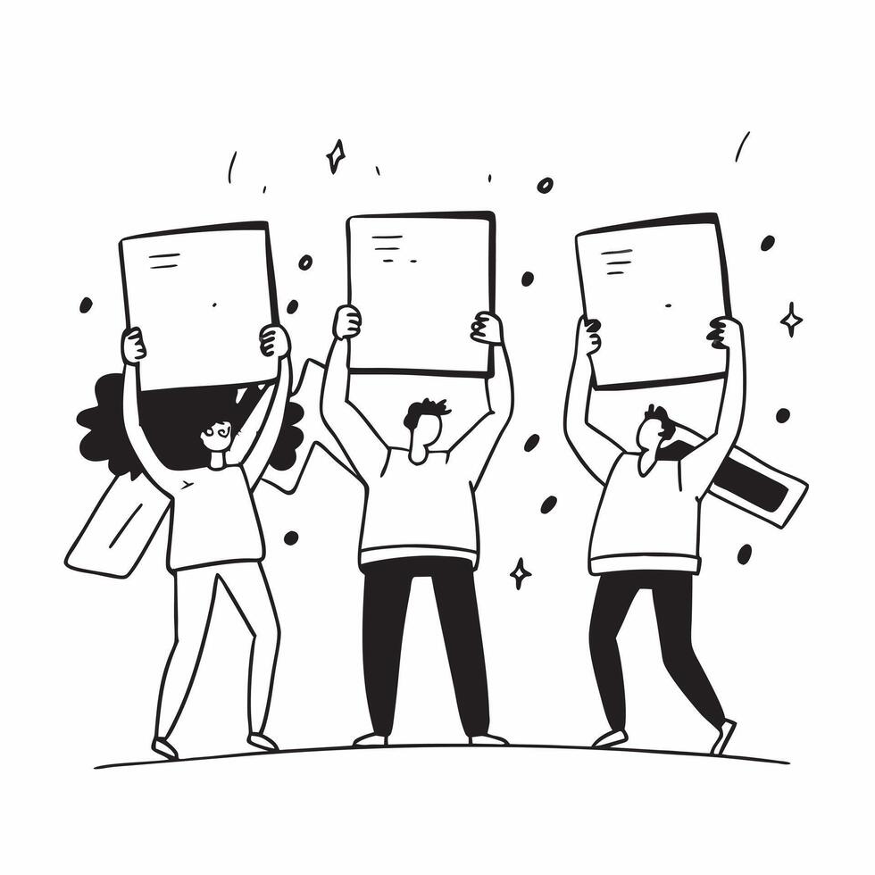 People with Glowing Hiring Boards and Joyful Expressions concept as A group of people using glowing hiring boards with joyful expressions set against a fantastical background offer Cleans vector