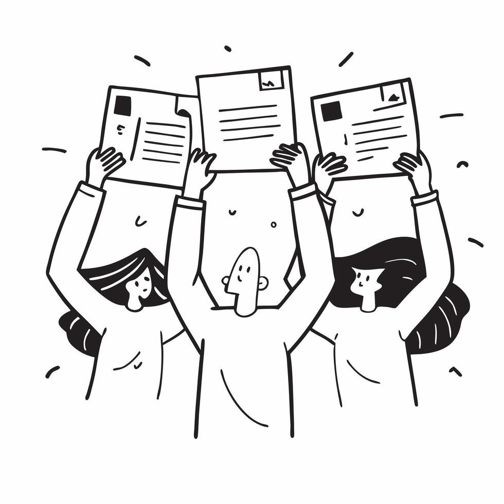 People with Glowing Appraisal Forms and Joyful Faces concept as A group of people holding glowing appraisal forms with joyful faces set against a whimsical background offering ampl Cleans vector