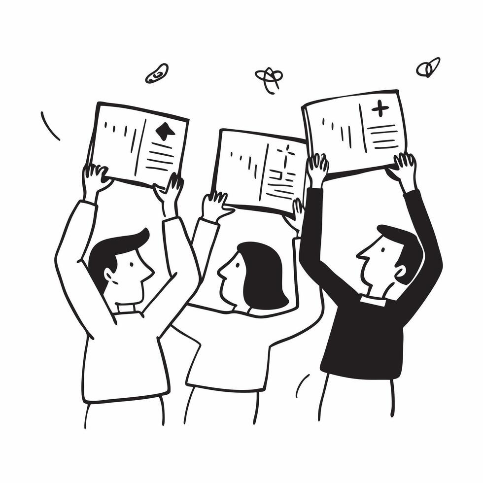 People with Glowing Appraisal Charts and Joyful Faces concept as A group of people holding glowing appraisal charts with joyful faces set against a dreamy background offering ample Cleans vector