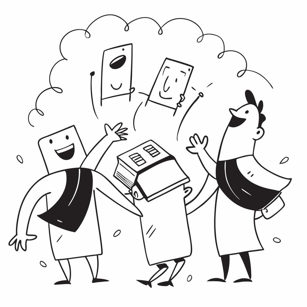 People with Glowing Cash Registers and Cheerful Expressions concept as A group of people with glowing cash registers and cheerful expressions set against a whimsical background off Cleans vector