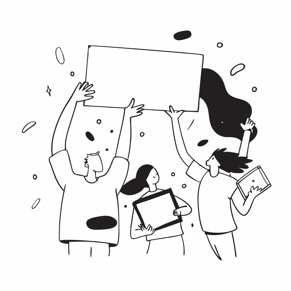People with Floating Whiteboards and Joyful Faces concept as A group of people using floating whiteboards with joyful faces set against a dreamy background offering ample space for Cleans vector