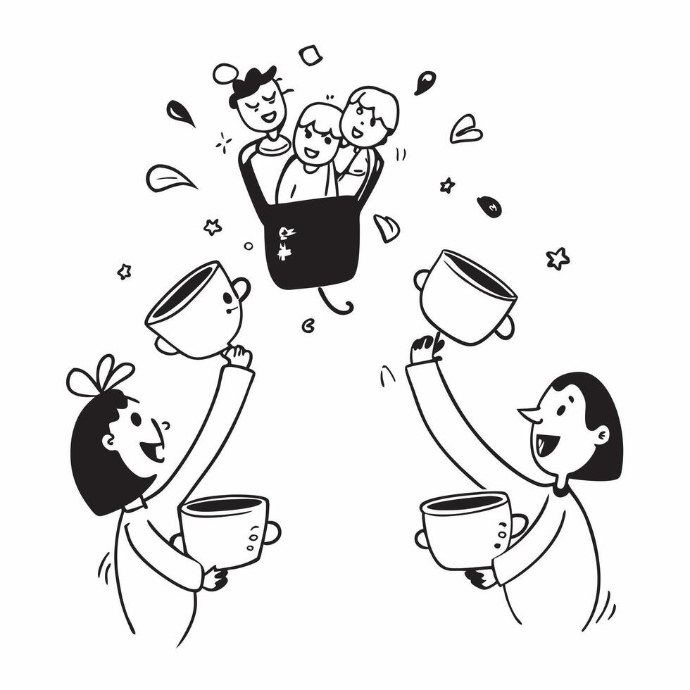 People with Floating Tea Cups and Smiling Faces concept as A group of people holding floating tea cups with smiling faces set against a whimsical background offering ample space fo Cleans vector