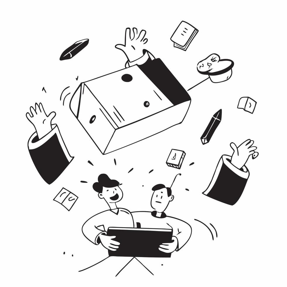 People with Floating Office Tools and Smiling Faces concept as A group of people using floating office tools with smiling faces set against a whimsical background offering ample sp Cleans vector