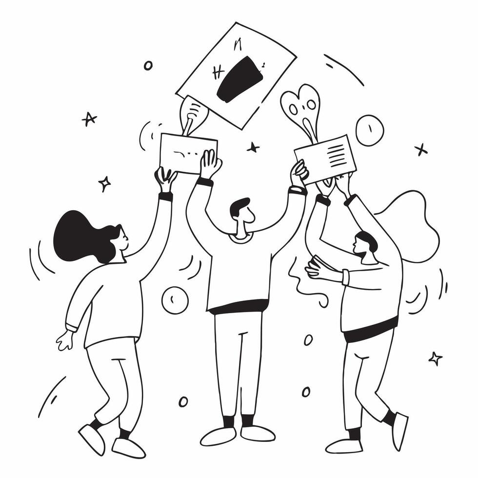 People with Floating Performance Awards and Joyful Faces concept as A group of people holding floating performance awards with joyful faces set against a fantastical background off Cleans vector