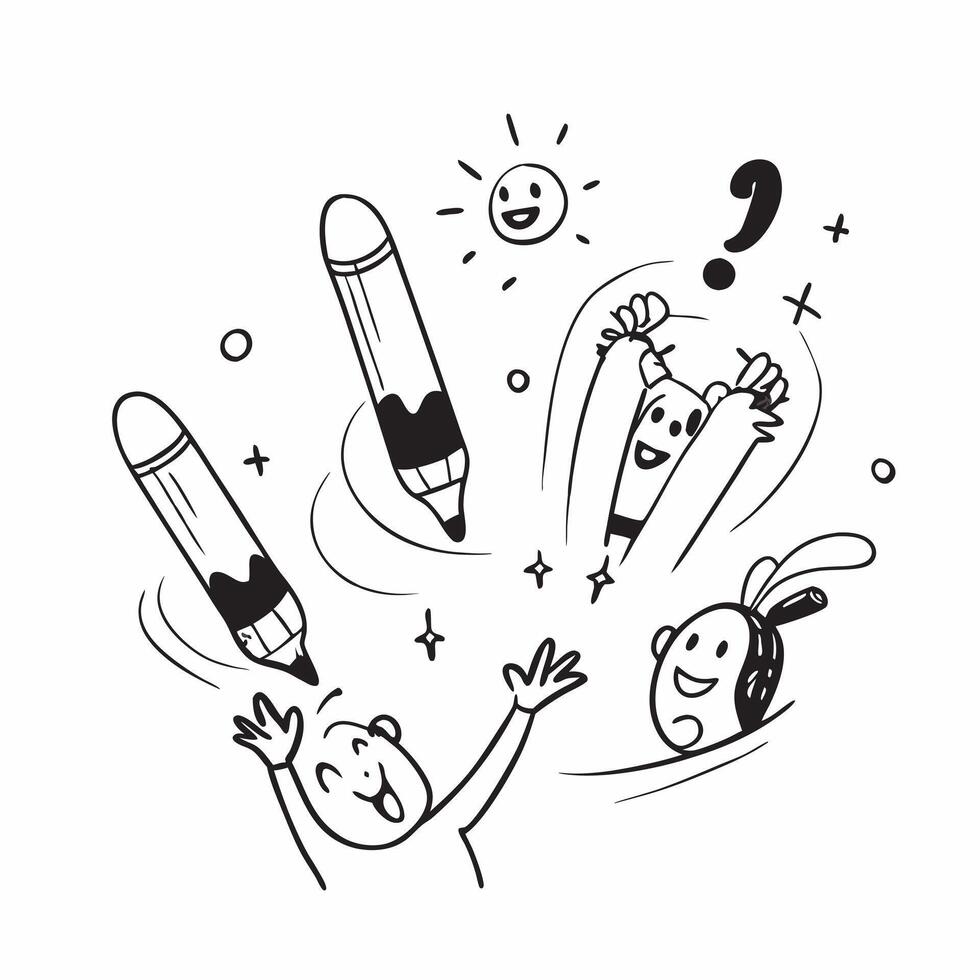 People with Floating Pens and Cheerful Faces concept as A group of people using floating pens with cheerful faces set against a whimsical background offering ample space for text o Cleans vector