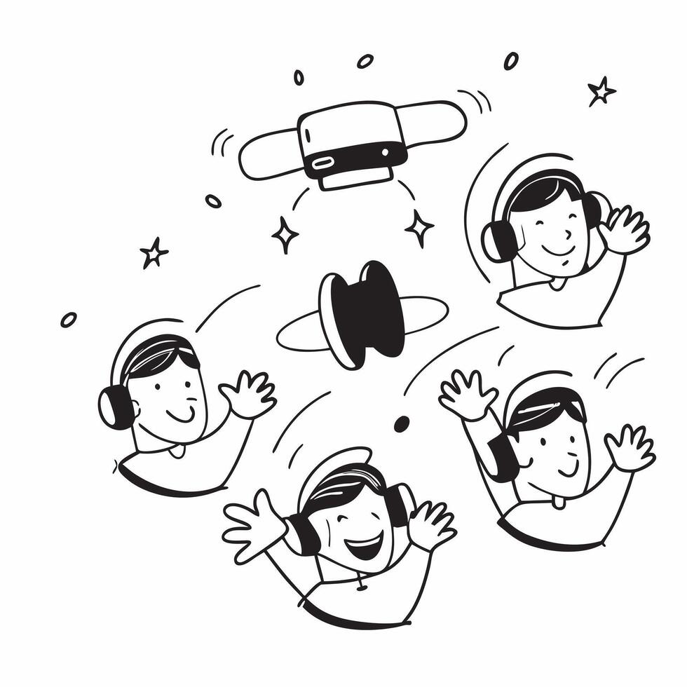 People with Floating Headphones and Joyful Faces concept as A group of people using floating headphones with joyful faces set against a dreamy background offering ample space for t Cleans vector