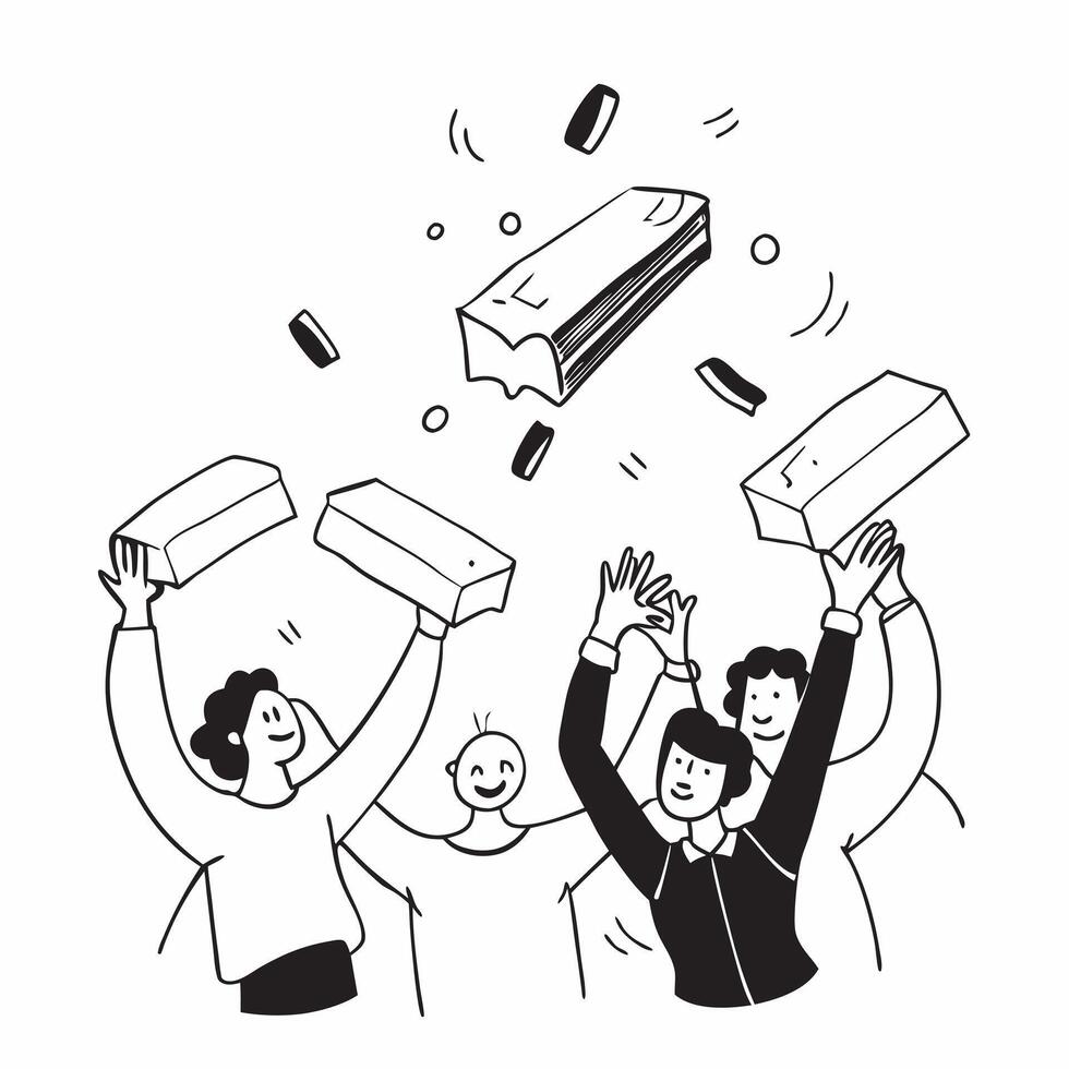 People with Floating Gold Bars and Smiling Faces concept as A group of people with floating gold bars and smiling faces set against a whimsical background offering ample space for Cleans vector