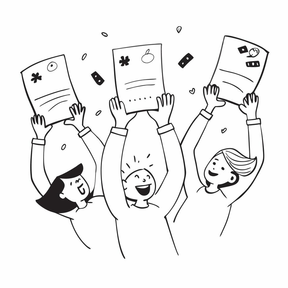 People with Floating Feedback Forms and Joyful Faces concept as A group of people holding floating feedback forms with joyful faces set against a whimsical background offering ampl Cleans vector