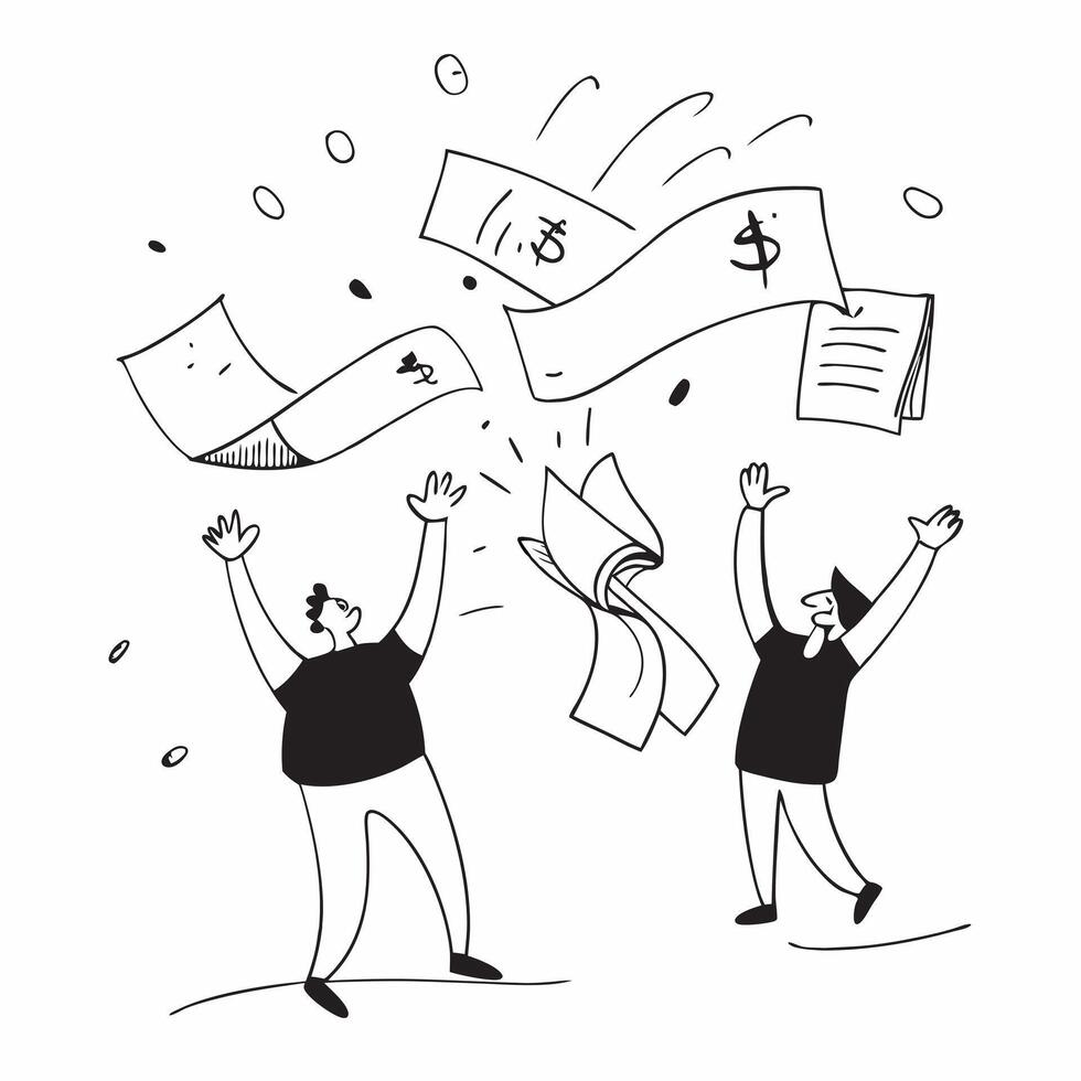 People with Floating Financial Reports and Joyful Expressions concept as A group of people with floating financial reports and joyful expressions set against a dreamy background of Cleans vector