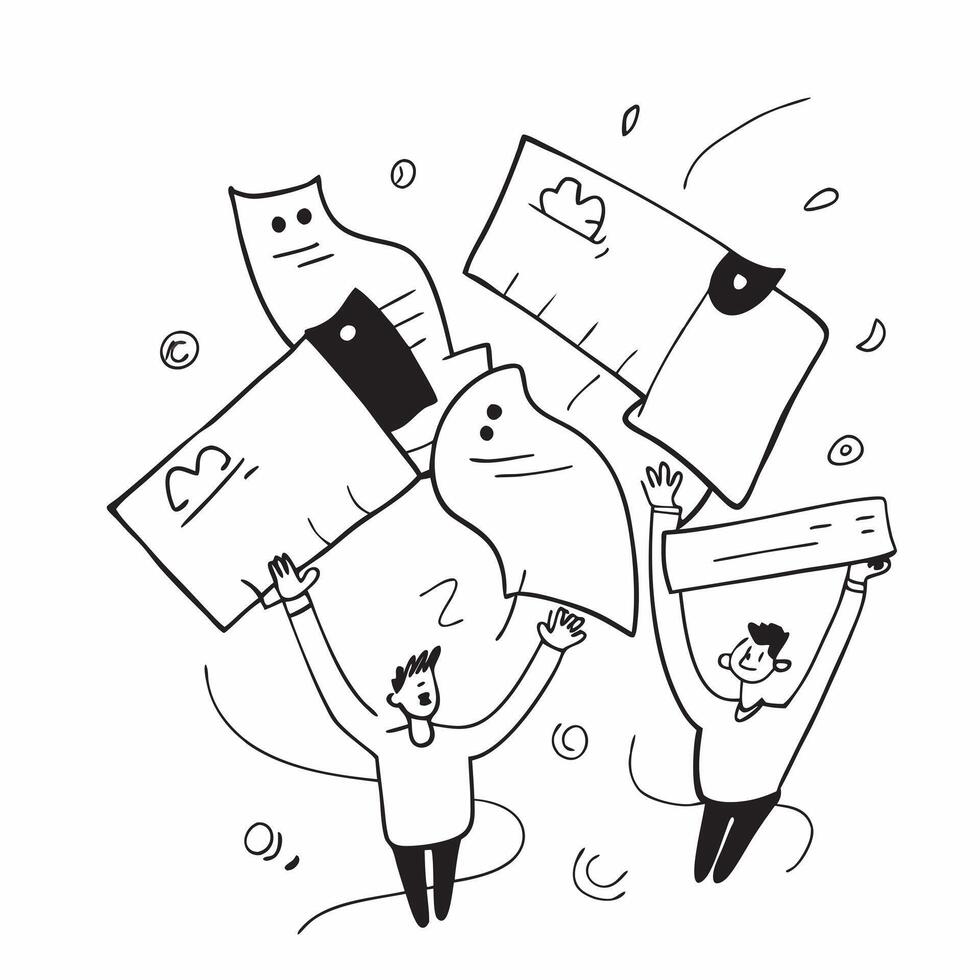 People with Floating Documents and Happy Expressions concept as A group of people holding floating documents with happy expressions set against a whimsical background offering ampl Cleans vector