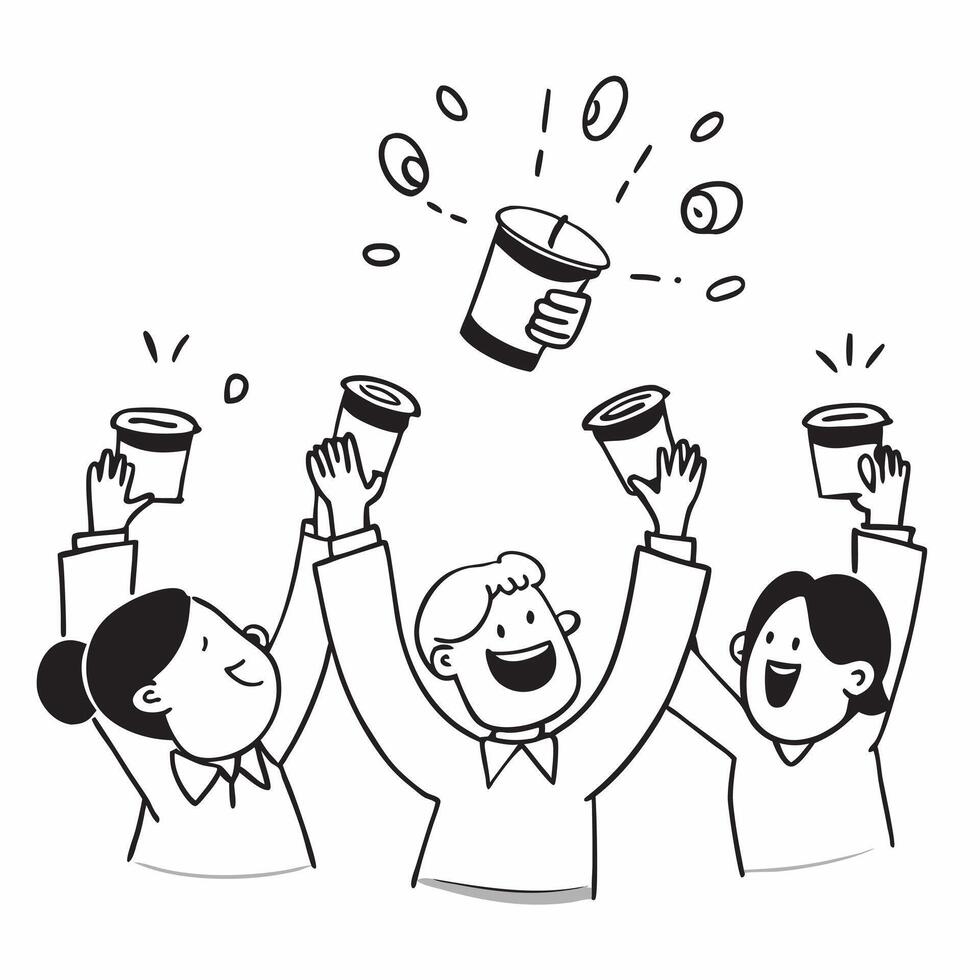 People with Floating Coffee Cups and Joyful Expressions concept as A group of people holding floating coffee cups with joyful expressions set against a fantastical background offer Cleans Set 2 vector