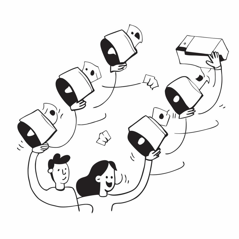 People with Floating Conference Phones and Beaming Faces concept as A group of people using floating conference phones with beaming faces set against a fantastical background offer Cleans vector