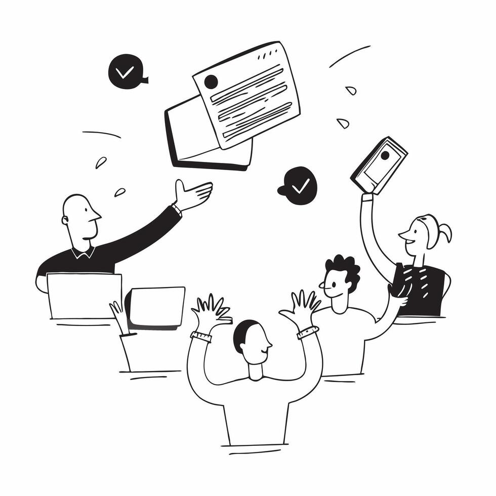 People with Floating Feedback Tools and Joyful Faces concept as A group of people using floating feedback tools with joyful faces set against a whimsical background offering ample Cleans vector
