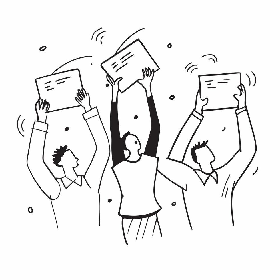 People with Floating Achievement Certificates and Joyful Faces concept as A group of people holding floating achievement certificates with joyful faces set against a dreamy backgro Cleans vector