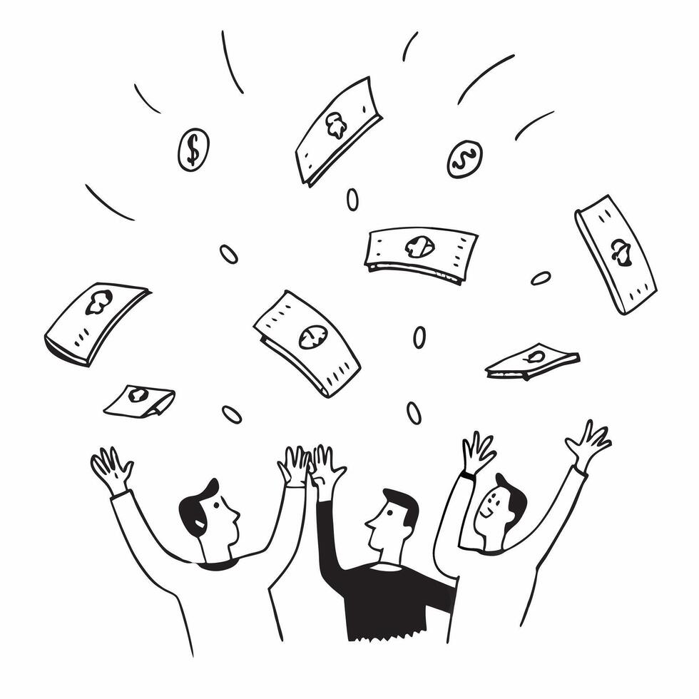 People with Floating Banknotes and Radiant Faces concept as A group of people with floating banknotes and radiant faces set against an ethereal background offering ample space for Cleans vector