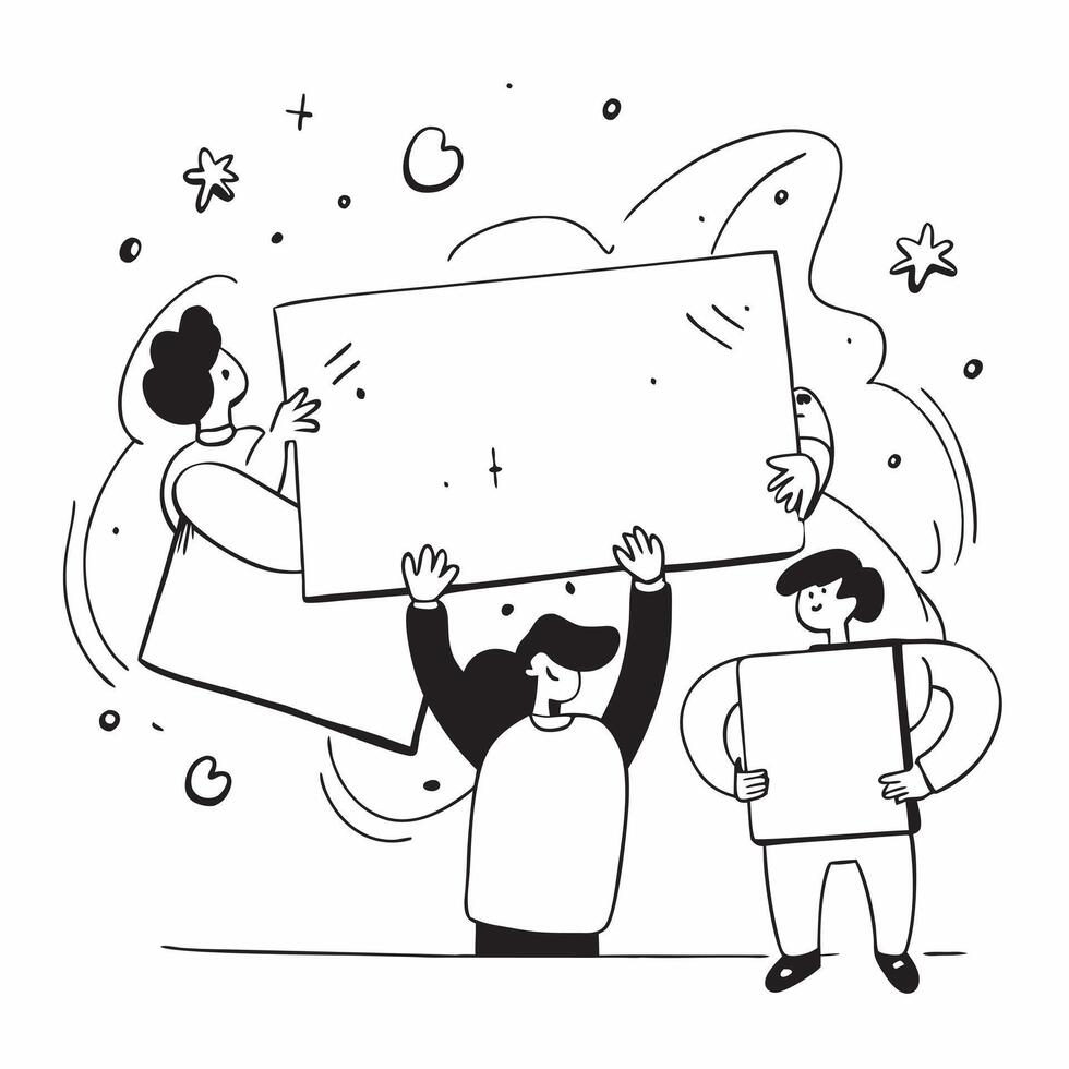 People with Enchanted Whiteboards and Smiling Faces concept as A group of people using enchanted whiteboards with smiling faces set against a dreamy background offering ample space Cleans vector