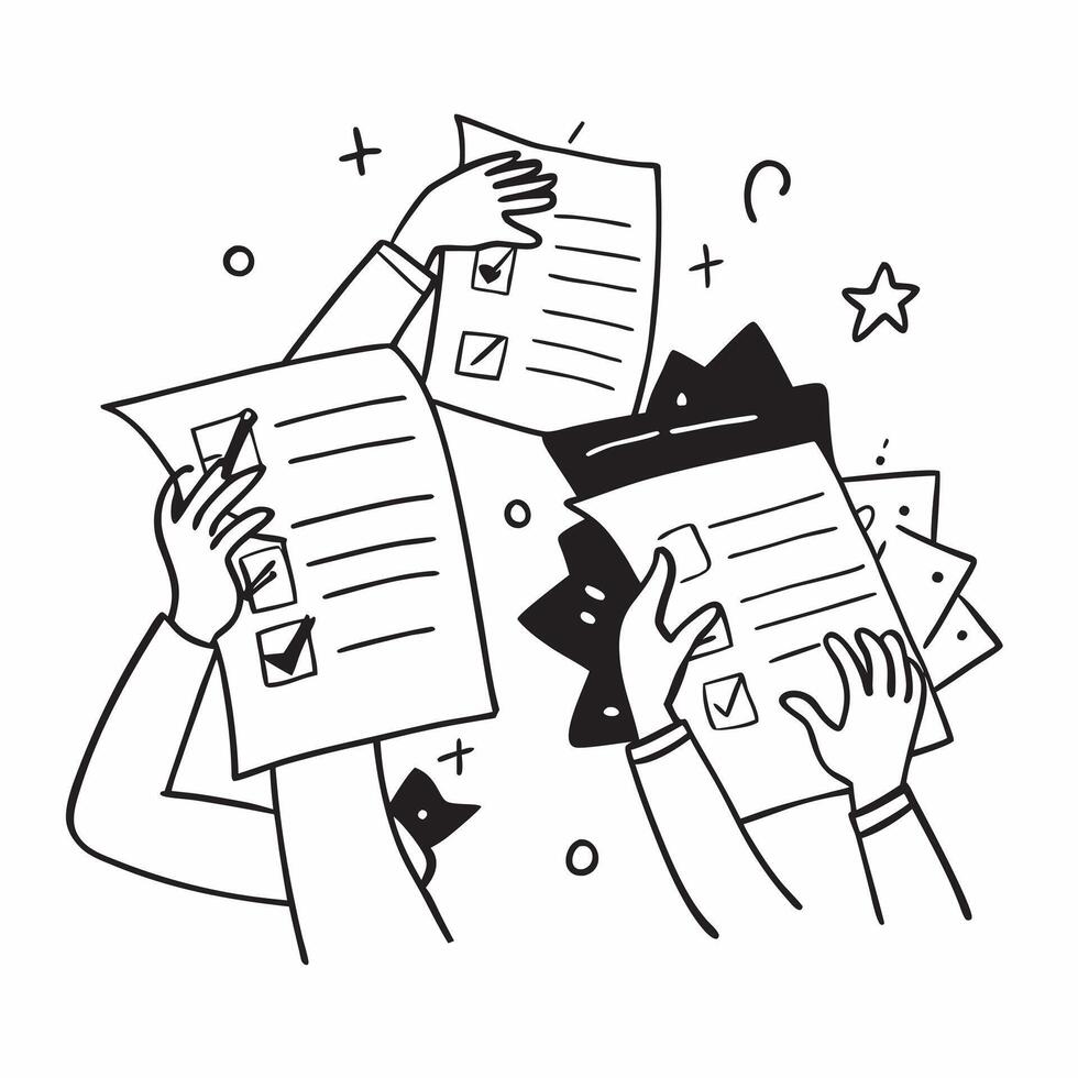 People with Enchanted Review Forms and Beaming Faces concept as A group of people holding enchanted review forms with beaming faces set against a fantastical background offering am Cleans vector