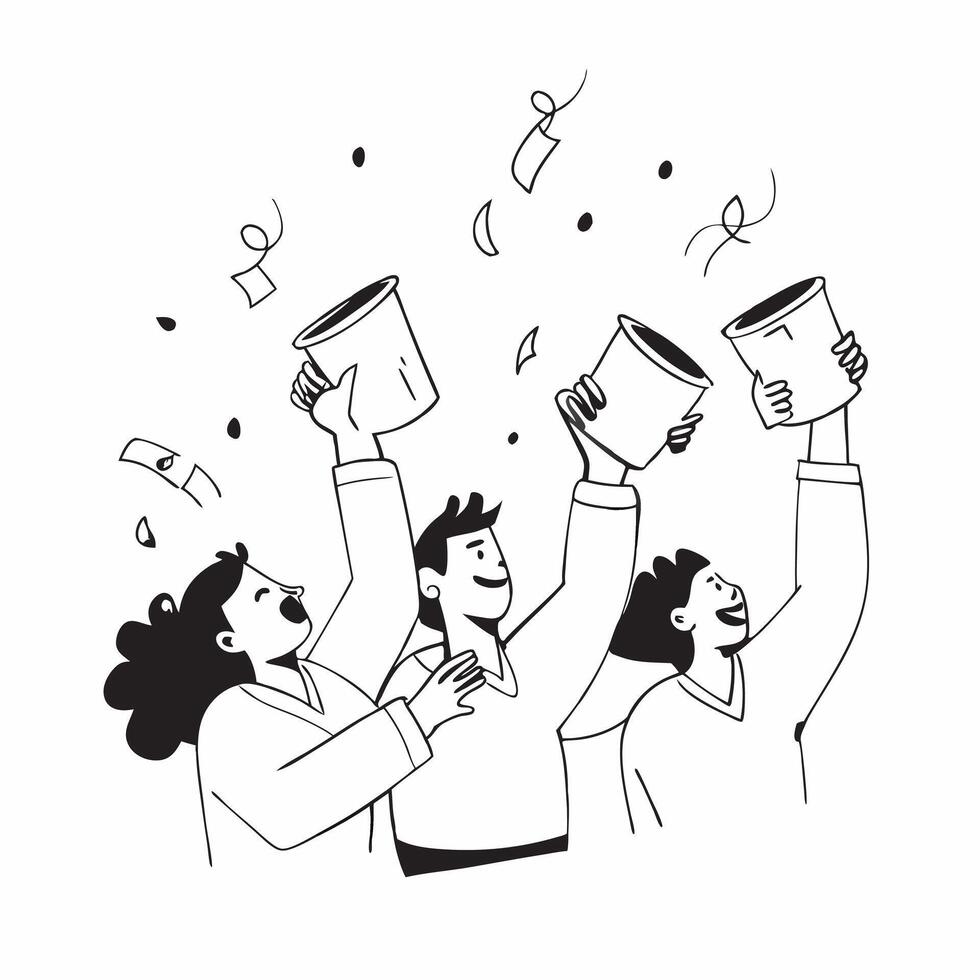 People with Floating Coffee Cups and Joyful Expressions concept as A group of people holding floating coffee cups with joyful expressions set against a fantastical background offer Cleans vector