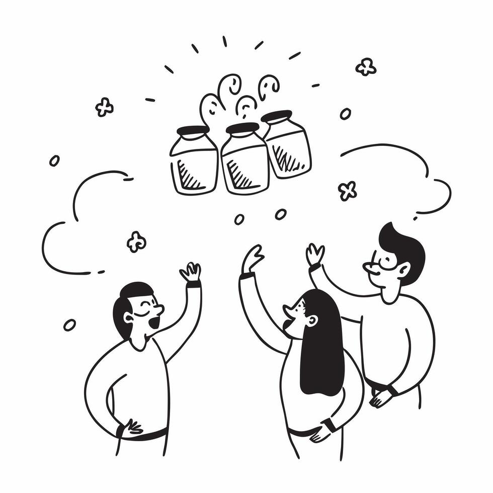 People with Enchanted Savings Jars and Beaming Faces concept as A group of people with enchanted savings jars and beaming faces set against a dreamy background offering ample space Cleans vector