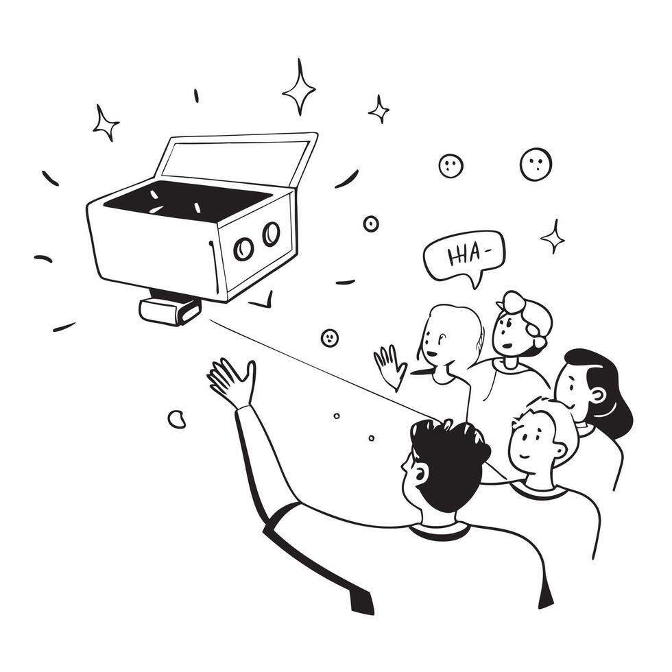 People with Enchanted Projectors and Beaming Faces concept as A group of people using enchanted projectors with beaming faces set against a dreamy background offering ample space f Cleans vector