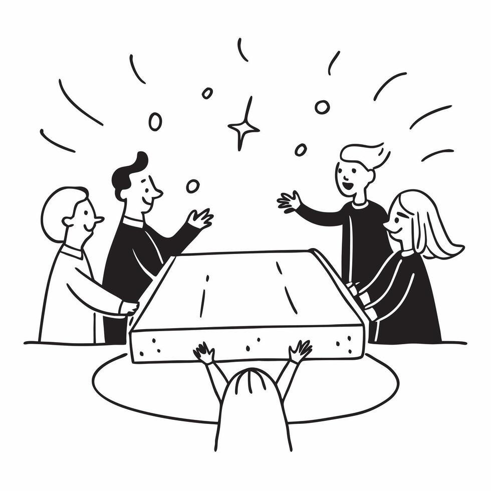 People with Enchanted Meeting Tables and Luminous Smiles concept as A group of people gathered around an enchanted meeting table with luminous smiles set against a fantastical back Cleans vector