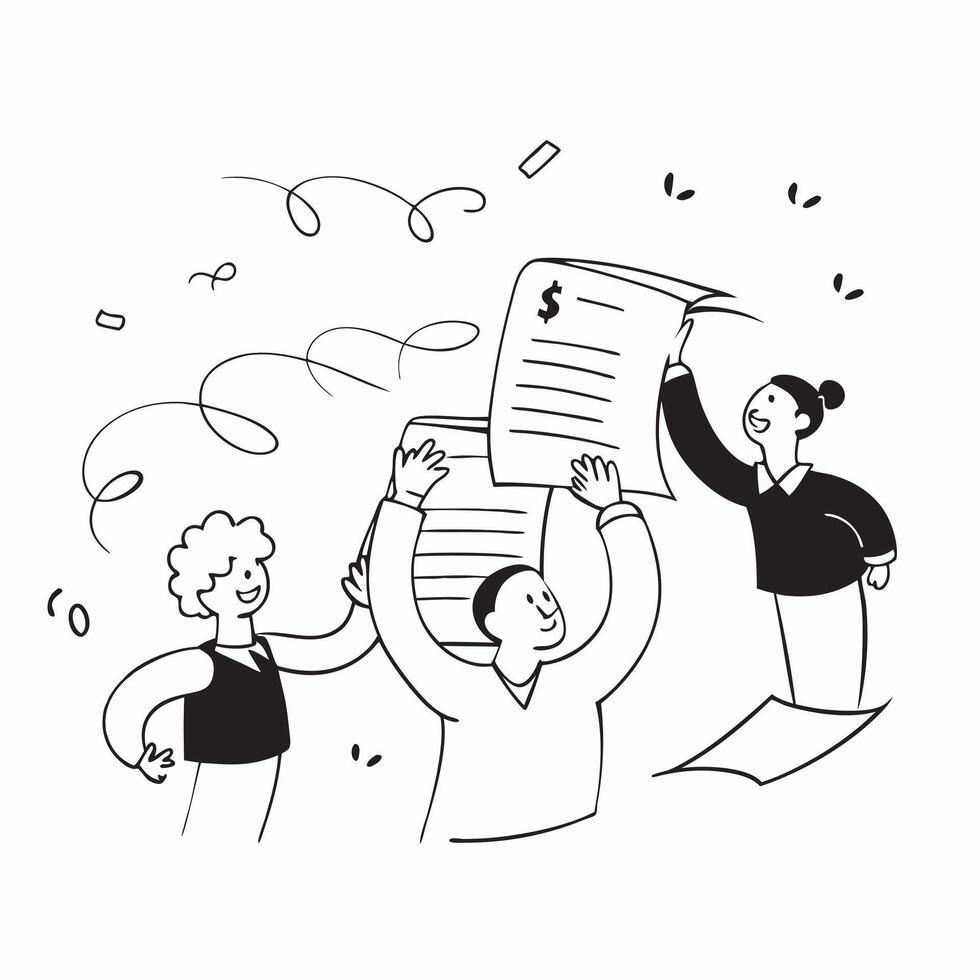 People with Enchanted Financial Reports and Smiling Faces concept as A group of people with enchanted financial reports and smiling faces set against a fantastical background offer Cleans vector