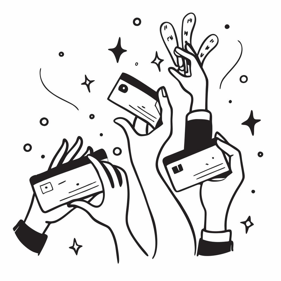 People with Enchanted Credit Cards and Glittering Stars concept as A group of people holding enchanted credit cards with glittering stars set against a mystical background offering Cleans vector
