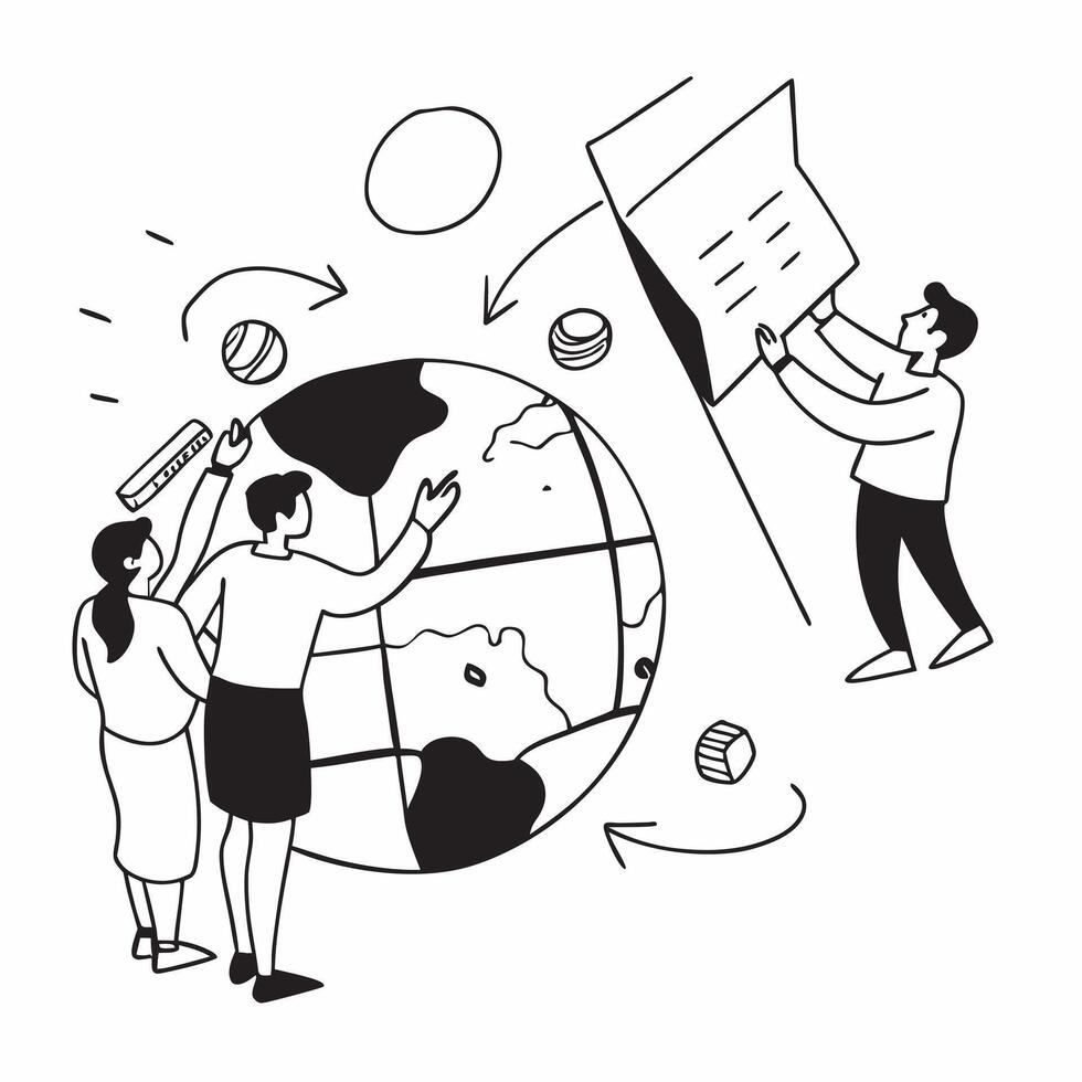 People with Earth and Business Process Solutions concept as A group of people discussing business process solutions with an earth model set against a fantastical background offerin Cleans Set 3 vector