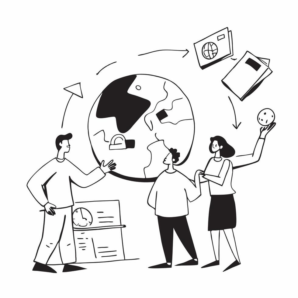 People with Earth and Business Process Solutions concept as A group of people discussing business process solutions with an earth model set against a fantastical background offerin Cleans Set 2 vector