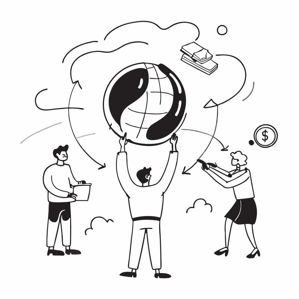People with Earth and Business Process Reviews concept as A group of people reviewing business processes with an earth model set against a dreamy background offering ample space fo Cleans vector