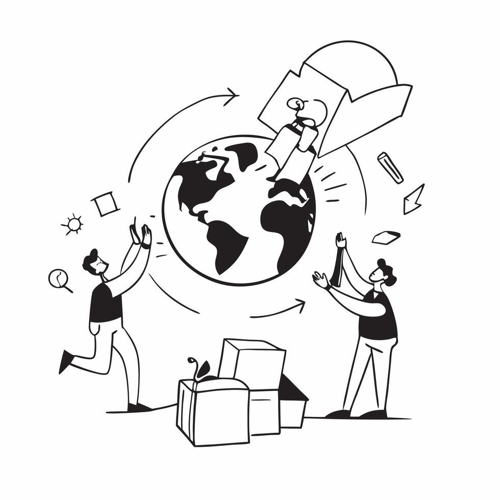 People with Earth and Business Process Innovations concept as A group of people discussing business process innovations with an earth model set against a fantastical background off Cleans vector