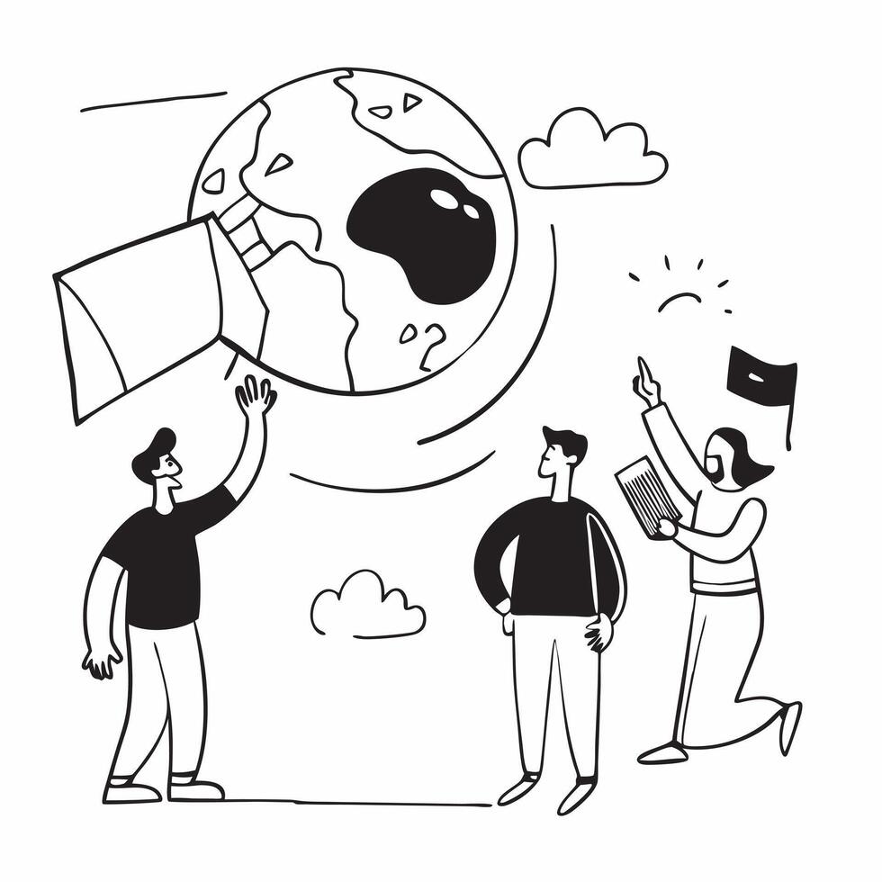People with Earth and Business Process Diagrams concept as A group of people analyzing business process diagrams with an earth model set against a fantastical background offering a Cleans Set 4 vector