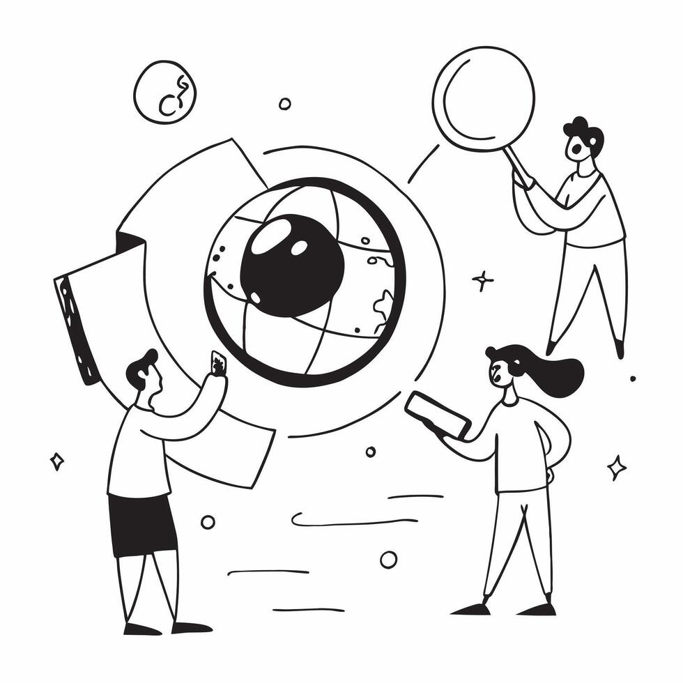 People with Earth and Business Process Audits concept as A group of people auditing business processes with an earth model set against a fantastical background offering ample space Cleans vector