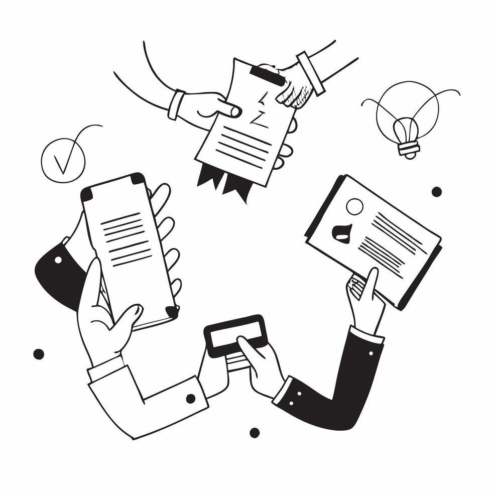 People with Certificates and Smartphones concept as Business professionals holding certificates and using smartphones set against a whimsical background offering ample space for te Cleans vector