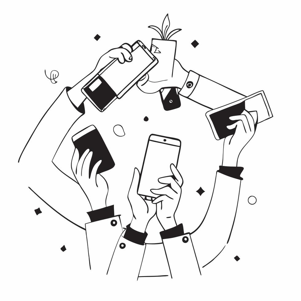 People with Awards and Smartphones concept as Business professionals holding awards and using smartphones set against a whimsical background offering ample space for text or graphi Cleans vector
