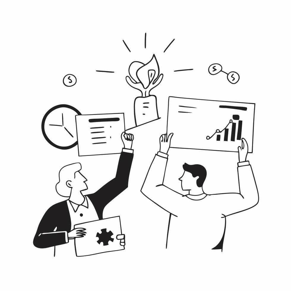 People with Awards and Whiteboards concept as Business professionals holding awards and writing on whiteboards set against a dreamy background offering ample space for text or grap Cleans vector