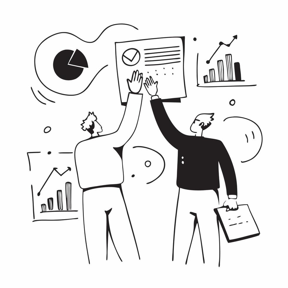 People with Certificates and Graphs concept as Business professionals holding certificates and analyzing graphs set against a whimsical background offering ample space for text or Cleans vector