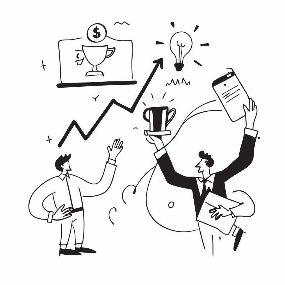 People with Awards and Graphs concept as Business professionals holding awards and analyzing graphs set against a whimsical background offering ample space for text or graphics sym Cleans vector