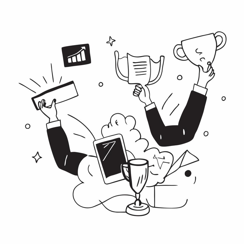 People with Awards and Tablets concept as Business professionals holding awards and using tablets set against a dreamy background offering ample space for text or graphics symboliz Cleans vector
