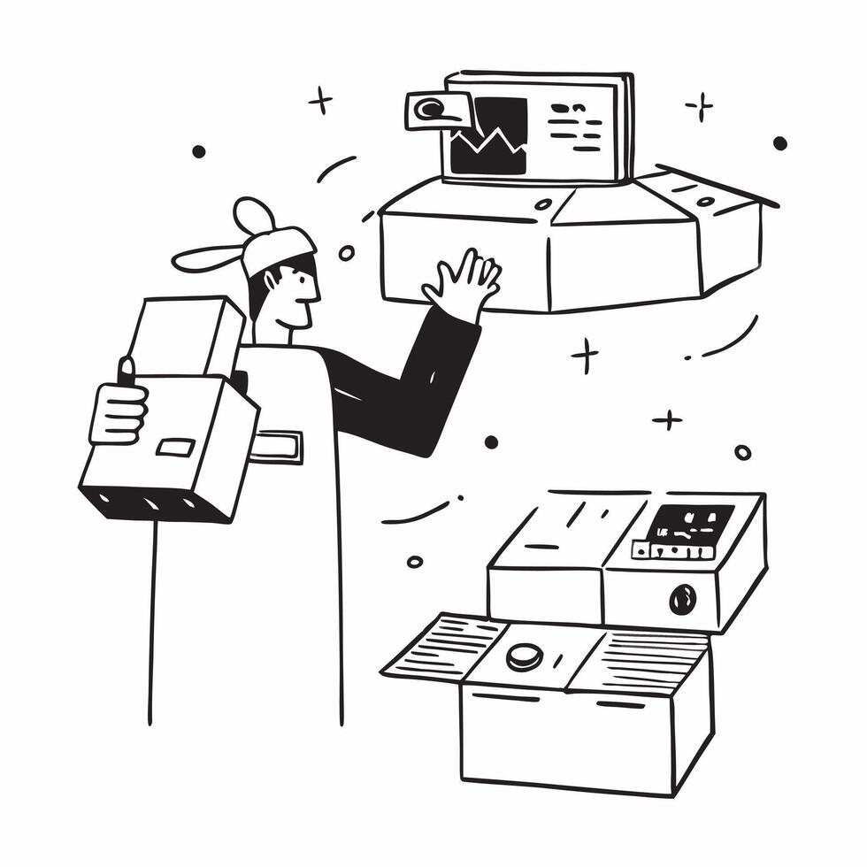 Packing Specialist with Boxes and Tape in Futuristic Packing Station concept as Mid shot of a packing specialist with boxes and tape in a futuristic packing station The scene incl Cleans vector