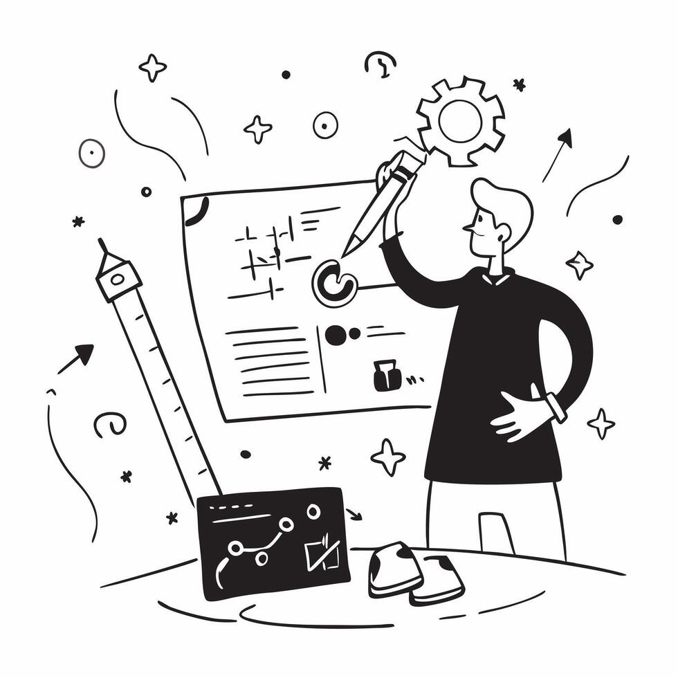 Operations Manager with Blueprint and Tools in Fantasy Workshop concept as Mid shot of an operations manager with a blueprint and tools in a fantasy workshop The background featur Cleans vector