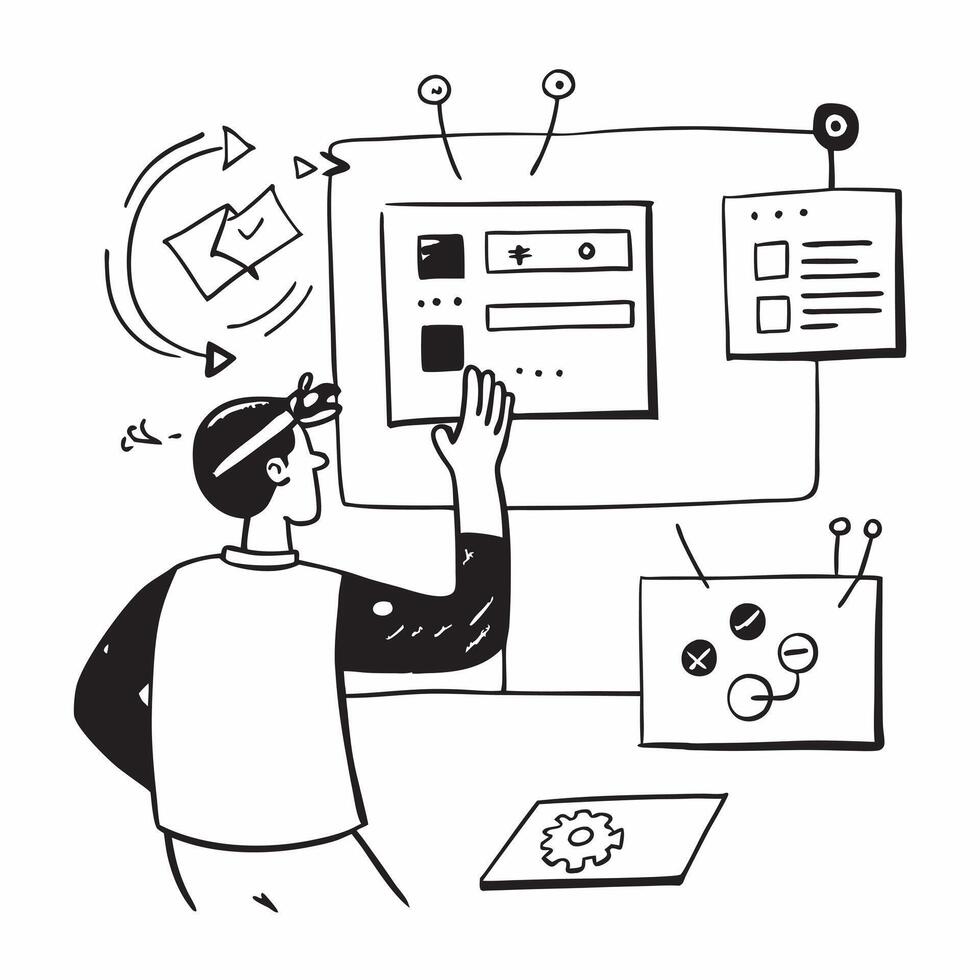 Operations Specialist with Workflow Charts and Laptop in High Tech Office concept as Mid shot of an operations specialist with workflow charts and a laptop in a high tech office T Cleans vector