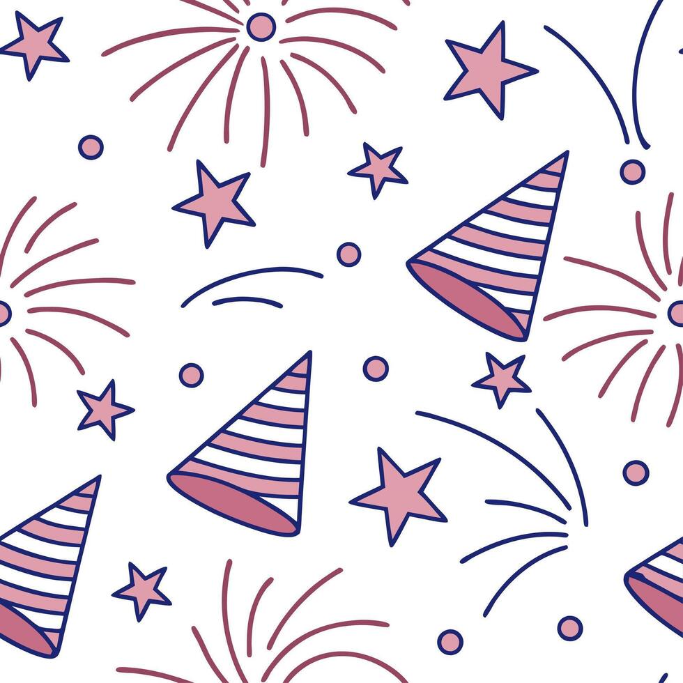 New Year seamless pattern with stars fireworks and party hats for a fun lively celebration feel concept as Fun New Year pattern with stars fireworks and party hats ideal for an ene Cleans vector