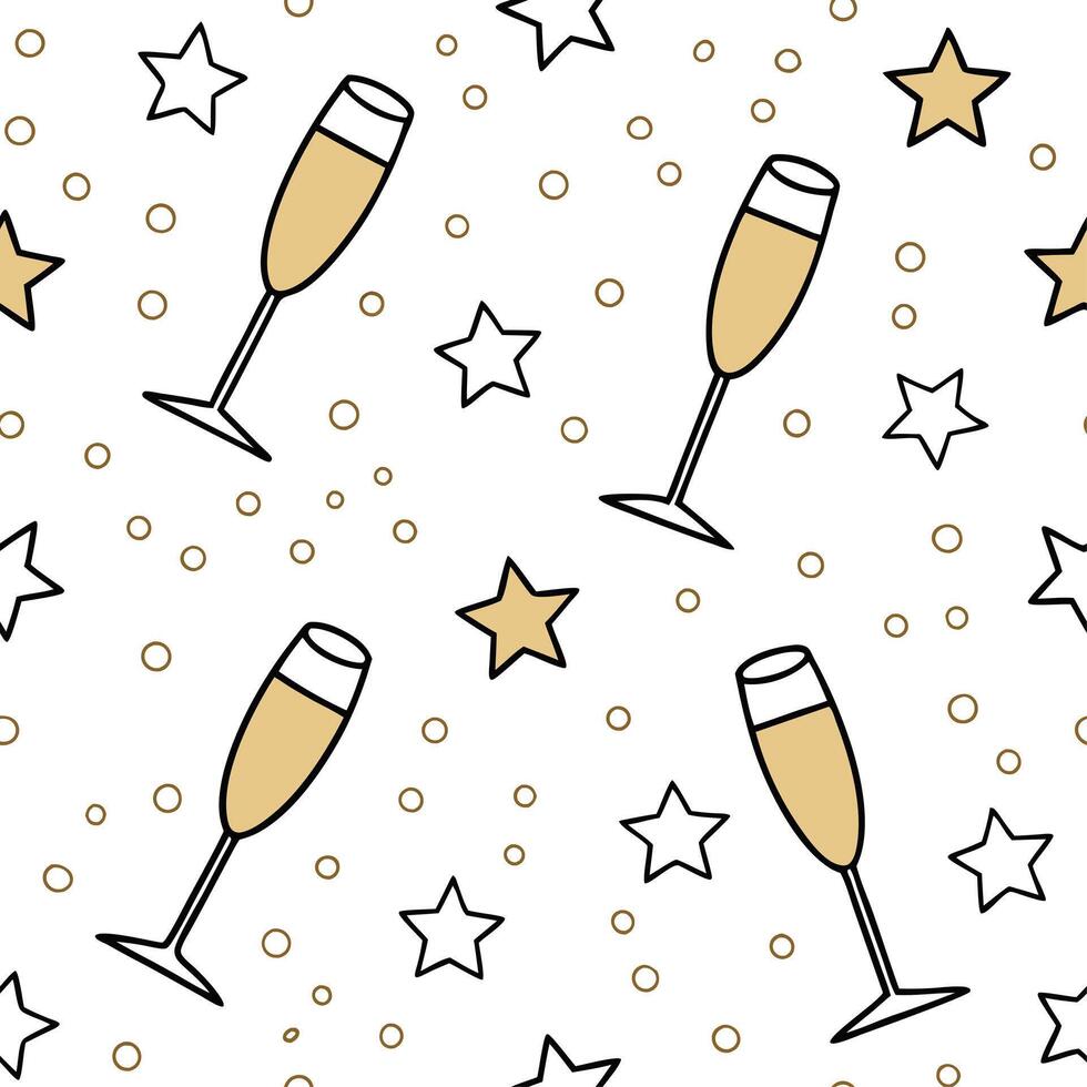 New Year seamless pattern with gold confetti sparkling stars and champagne glasses for an upscale New Year Eve look concept as Upscale New Year pattern with gold confetti sparkling Cleans vector