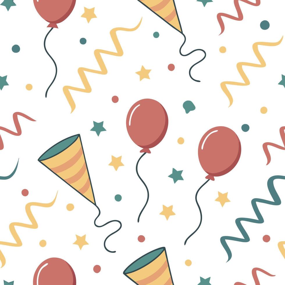New Year seamless pattern with colorful streamers balloons and party poppers for a festive lively design concept as Lively New Year pattern with colorful streamers balloons and par Cleans vector