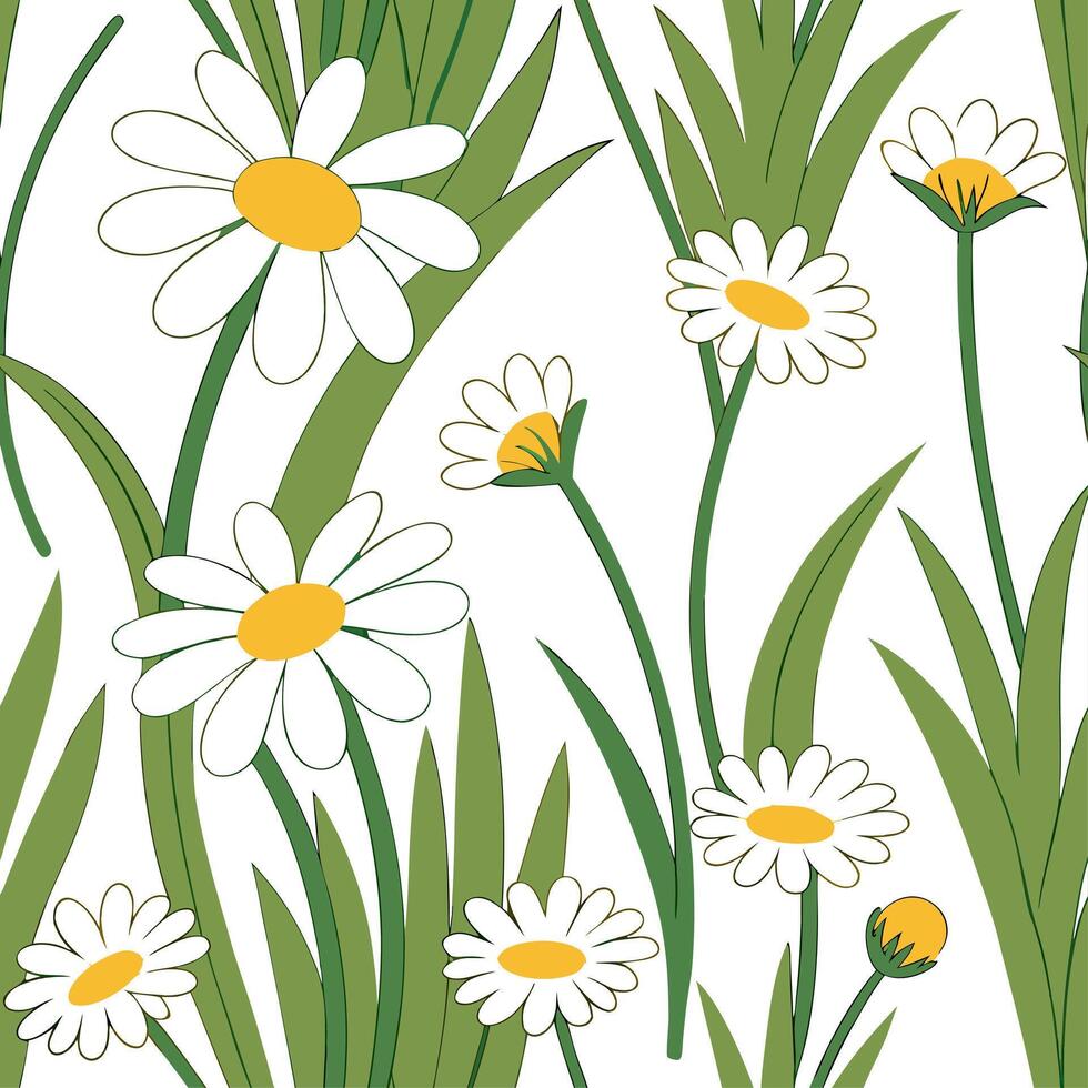 Nature filled spring garden seamless pattern with daisies and buttercups for rustic garden charm concept as Rustic spring garden theme featuring daisies and buttercups arranged in Cleans vector