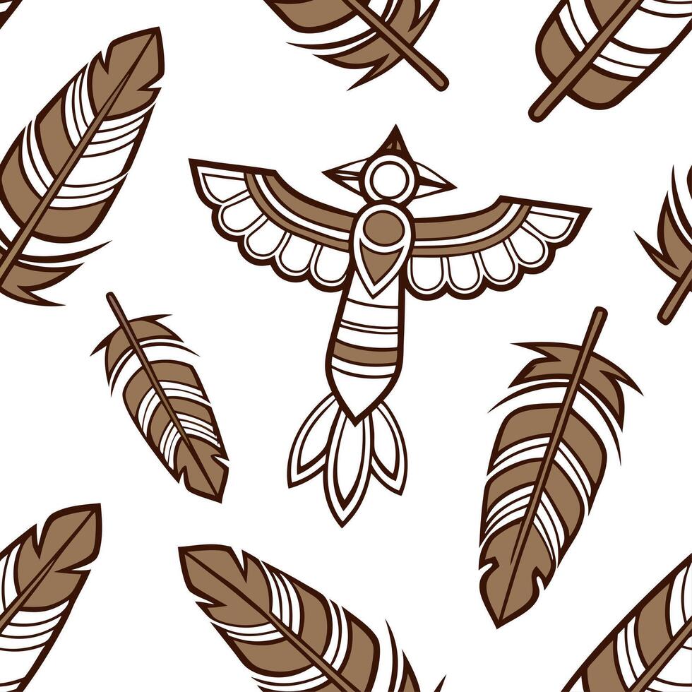 Native American totem poles and feathers seamless tile pattern with earthy tones and cultural motifs for authentic decor concept as Earthy toned totem poles and feathers arranged s Cleans vector