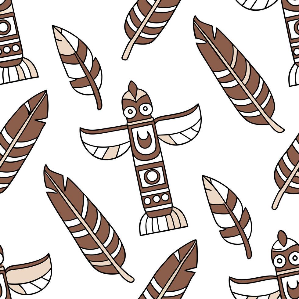 Native American totem poles and feathers seamless tile pattern with earthy tones and cultural motifs for authentic decor concept as Earthy toned totem poles and feathers arranged s Cleans Set 2 vector