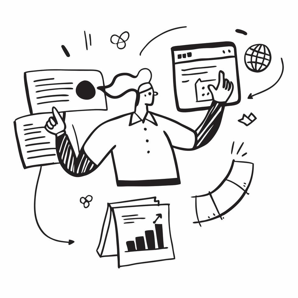 Moderator with Monitor and Graphs concept as An image of a moderator with a monitor and graphs set against a whimsical background offering ample space for text or graphics symboliz Cleans vector
