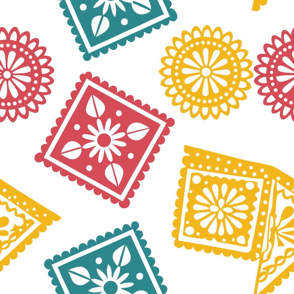 Mexican vibrant papel picado seamless tile pattern with bright colors and intricate cut out designs for festive decor concept as Brightly colored papel picado cut out designs arran Cleans vector
